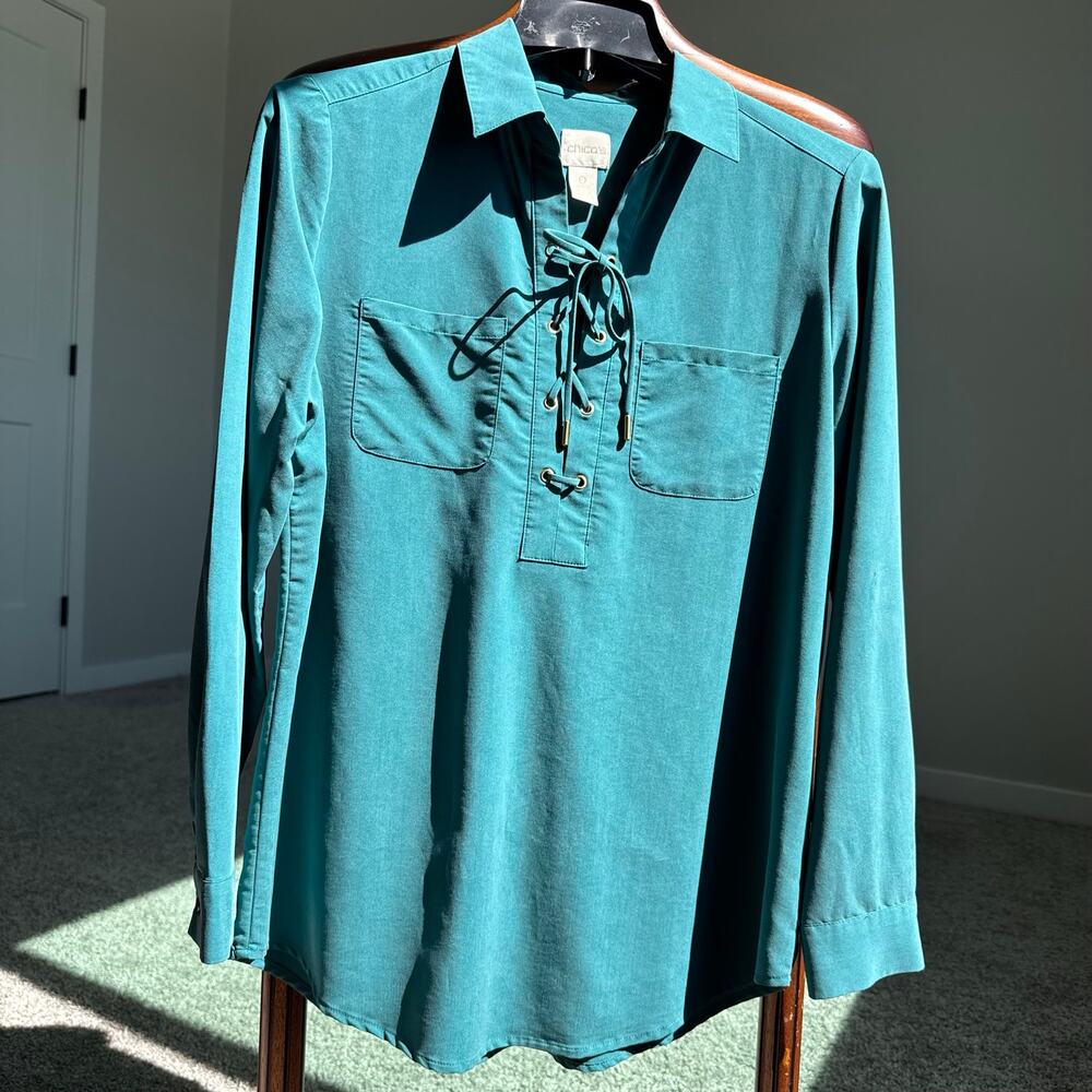 Chico’s Teal Lace-Up Blouse Size 0 Stretch Modal Long Sleeve Tunic Top